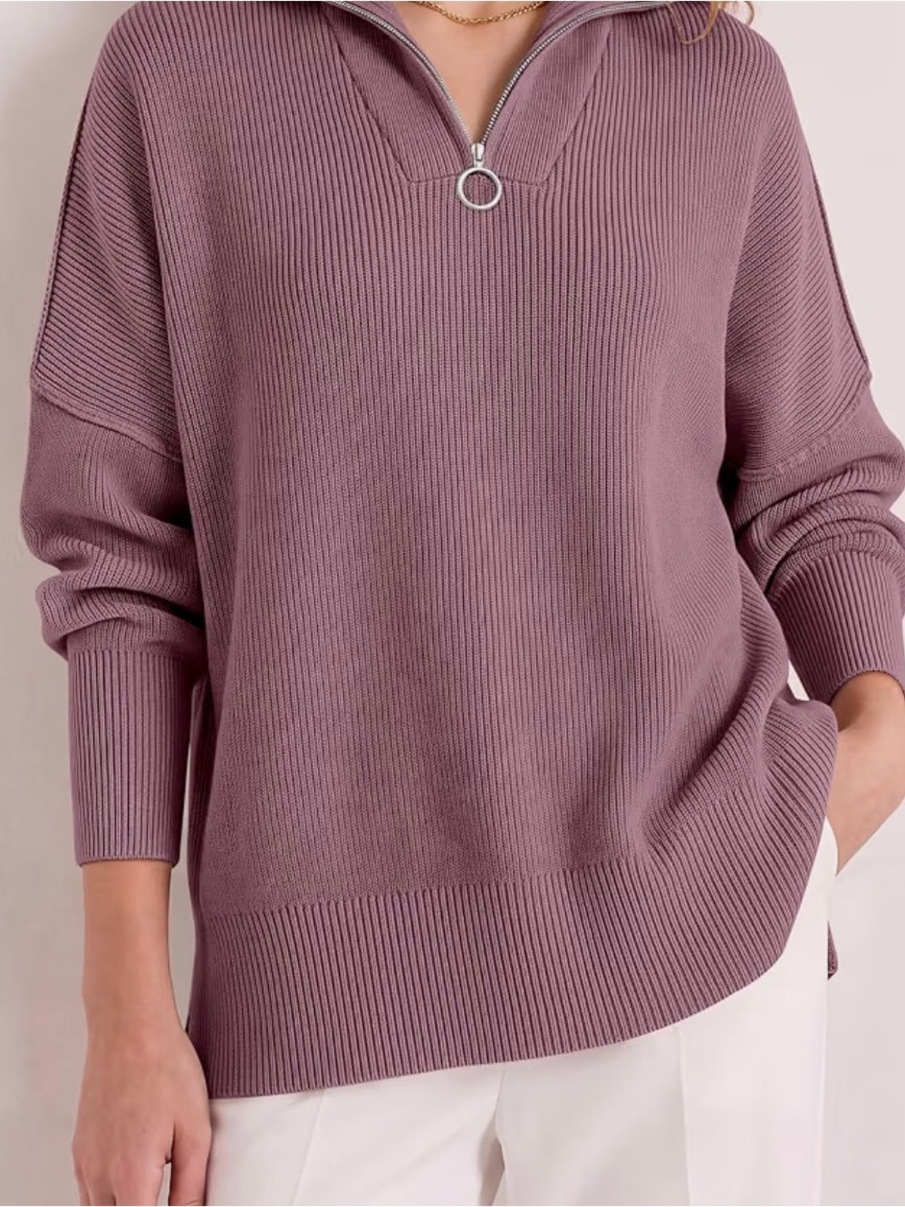 Cozy Zip-Front Turtleneck Sweater in Mauve